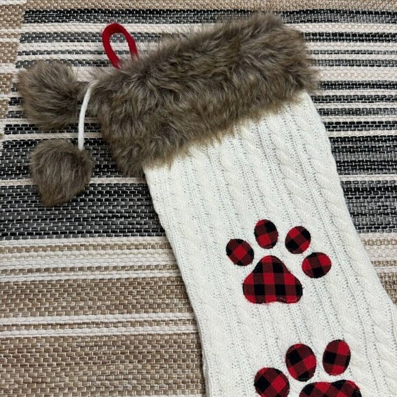 Pet Accessories Christmas Stocking Paw Print Cable Knit Faux Fur White Multi - Picture 2 of 7